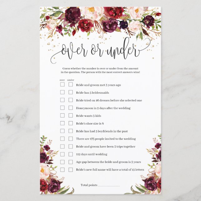 Lámina Marsala rústica burgundy floral sobre o debajo del (Anverso)