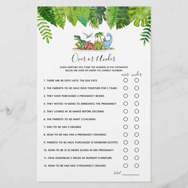 Lámina Más o menos bajo el juego de Baby Shower Dinosaur (Anverso)