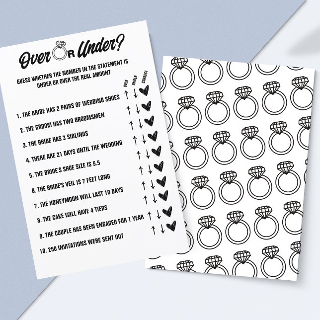 Lámina Más o menos juego de Boda, actividad de ducha de n (Fun Over or Under Wedding Game - Printable Bridal Shower Activity!)