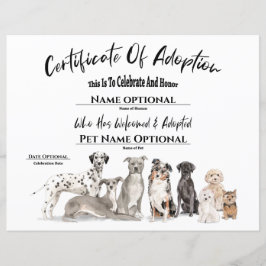 Lámina Mascota de Adopción Cuidadosa Certificado de Perro