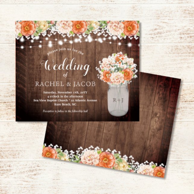 Lámina Mason Jar, Naranja de Caída Rústica, alude a Boda  (Rustic Mason Jar with Fall Florals & String Lights Wedding Invitation)