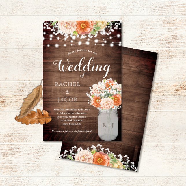 Lámina Mason Jar, Naranja de Caída Rústica, alude a Boda  (Rustic Fall Floral Mason Jar Vase Budget Wedding Invitation)