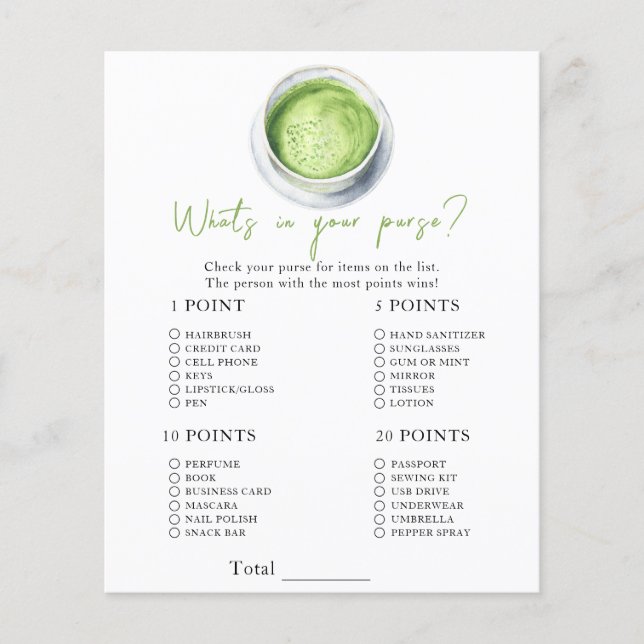 Lámina Matcha baby shower - What's in your purse game (Anverso)