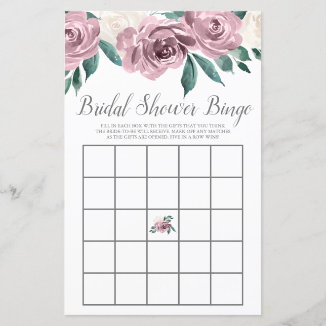 Lámina Mauve Watercolor Rosas Floral Bridal Shower Bingo (Anverso)