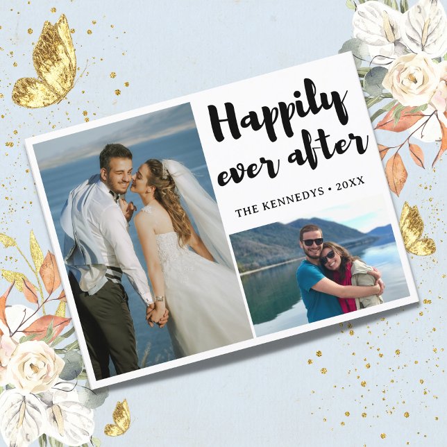 Lámina Me alegro de haber pasado 2 Invitaciones de foto B (Budget Happily Ever After 2 Photo Wedding Announcement Thank you card)