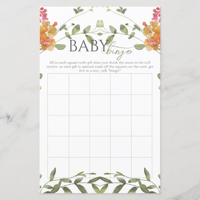 Lámina Meadow Flowers Watercolor Baby Shower Bingo Game (Anverso)