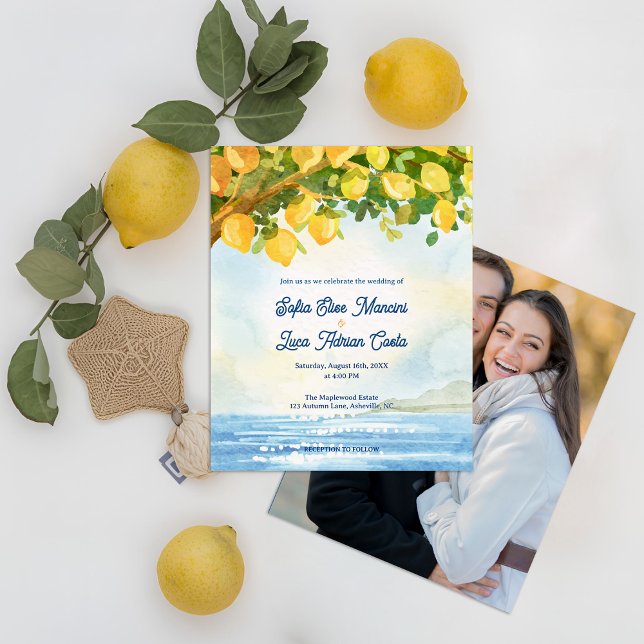 Lámina Mediterranean Coastal Photo Lemon Wedding Invite (Mediterranean Lemon Grove Watercolor Wedding Invitation with Photo Back | Coastal Amalfi Theme)