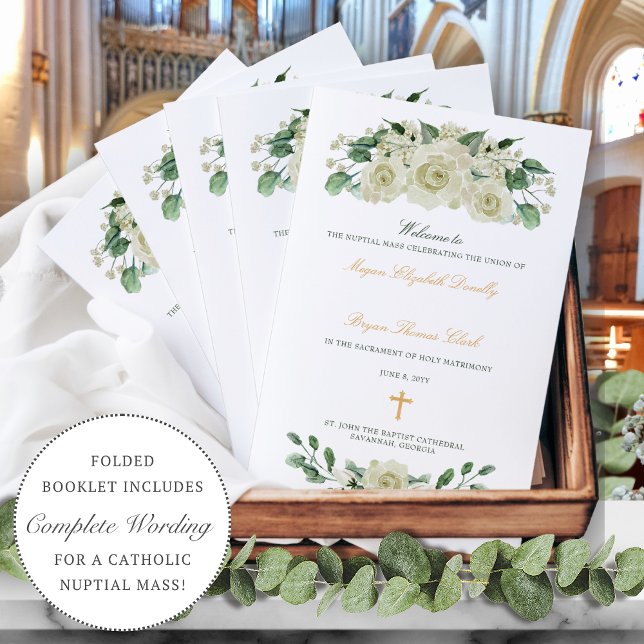 Lámina Megan Gold Boda Católico Masivo Ceremonia (White floral Catholic wedding program with gold cross and calligraphy script)