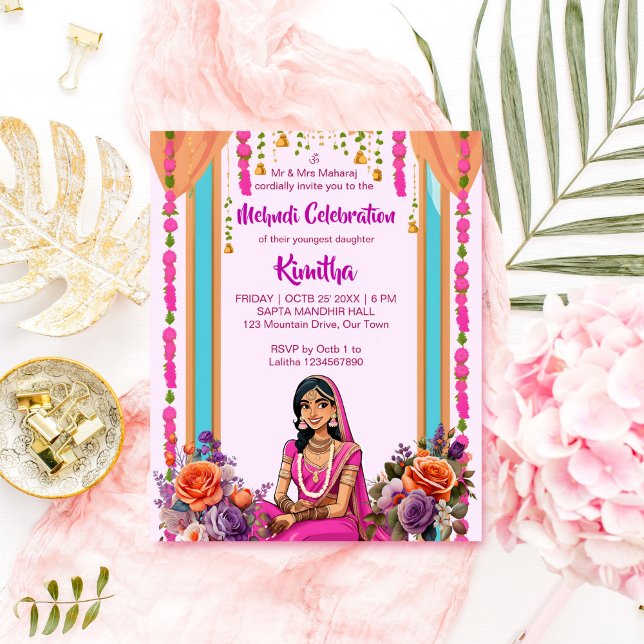 Lámina Mehndi boda novia india en invitación rosa (Mehndi Indian wedding editable template invitation bride in pink cartoon pink lavender flowers )