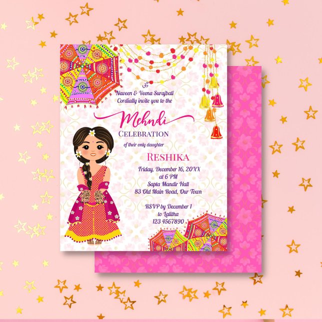 Lámina Mehndi lindo paraguas de novia india invitan al pr (Mehndi budget invitation template with a cute henna bride cartoon colorful umbrellas decorations)