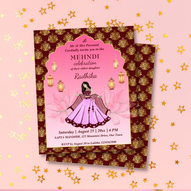 Lámina Mehndi loto rosa invitación al presupuesto de la n (Mehndi budget invitation maroon pink arch frame gold lotus dancing Indian bride Moroccan lanterns)