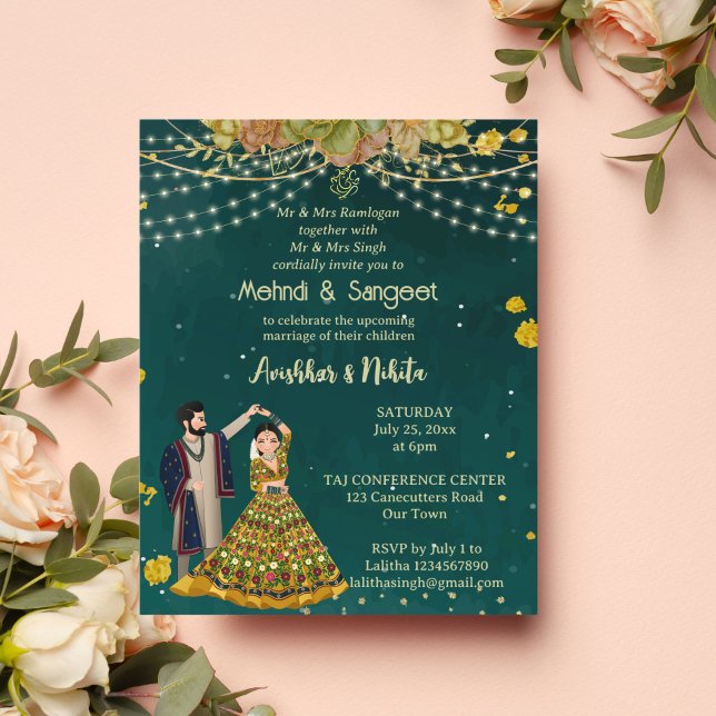 Lámina Mehndi sangeet verde pareja india invitación presu (Subido por el creador)