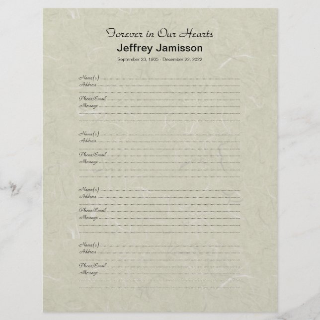 Lámina Memorial Book Filler Sign-In Page 4 Names per Page (Anverso)