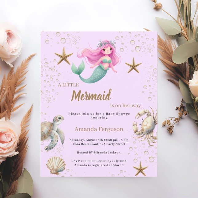Lámina Mermaid sea pink purple Baby Shower invitation (Subido por el creador)