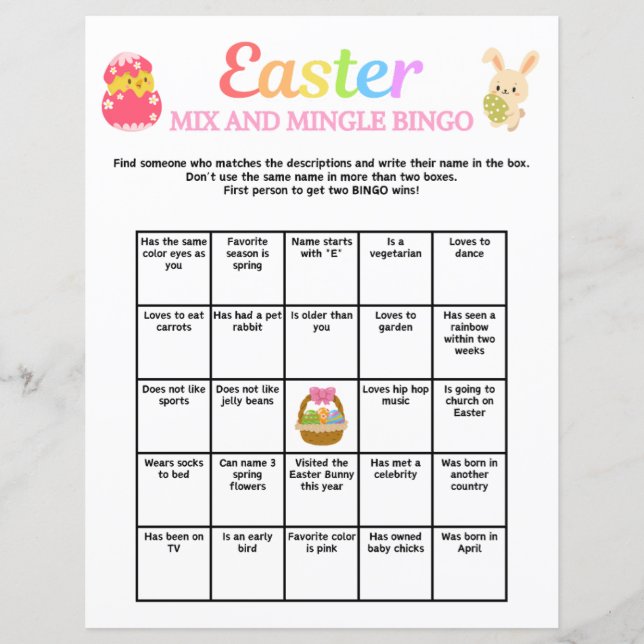 Lámina Mezcla de Pascua y Bingo de Mingle (Anverso)