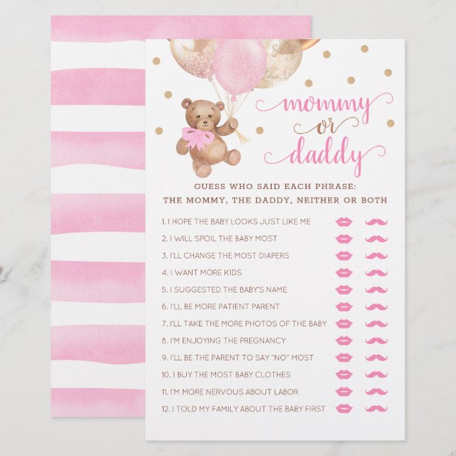 Lámina Mi mamá o papá juego Baby Shower Teddy Bear (Anverso / Reverso)