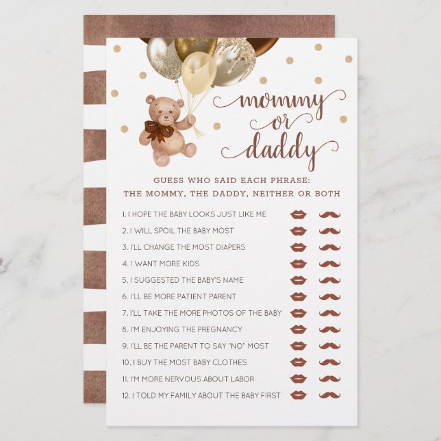 Lámina Mi mamá o papá juego Baby Shower Teddy Bear (Anverso / Reverso)