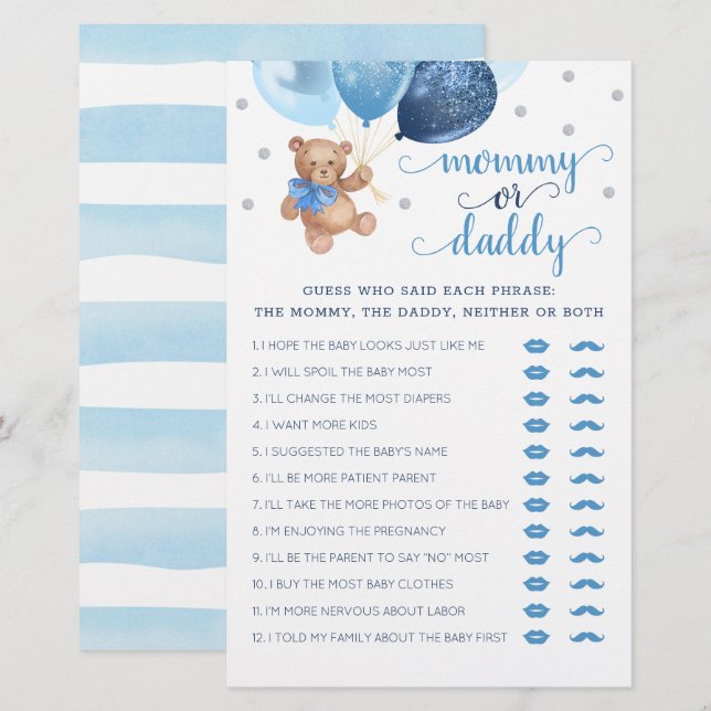 Lámina Mi mamá o papá juego Baby Shower Teddy Bear (Anverso / Reverso)