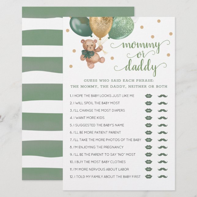 Lámina Mi mamá o papá juego Baby Shower Teddy Bear (Anverso / Reverso)
