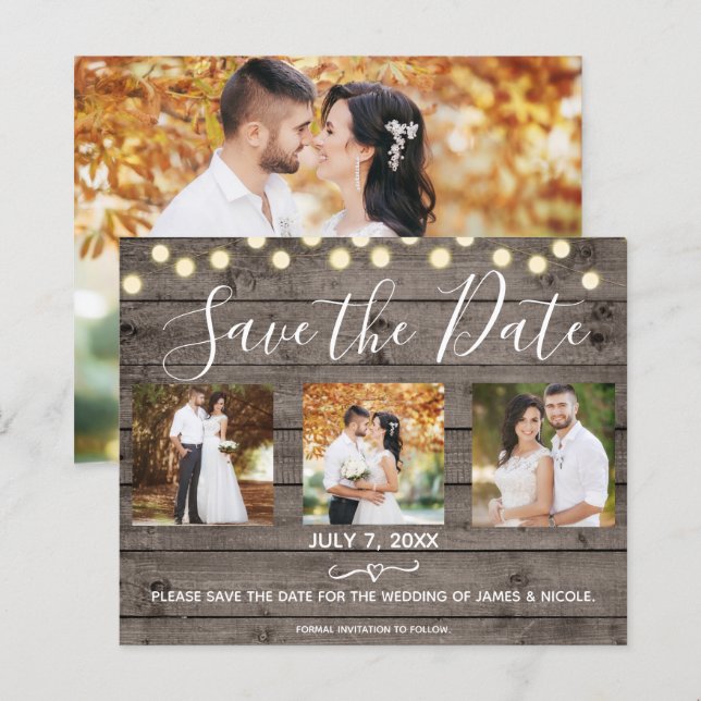 Lámina Mínima foto Rustic Wood & Lights Save the Date (Anverso / Reverso)