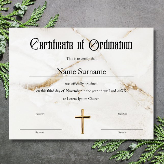 Lámina Ministerio de Certificación de la Iglesia (Certificate of ordination white marble background and gold cross)