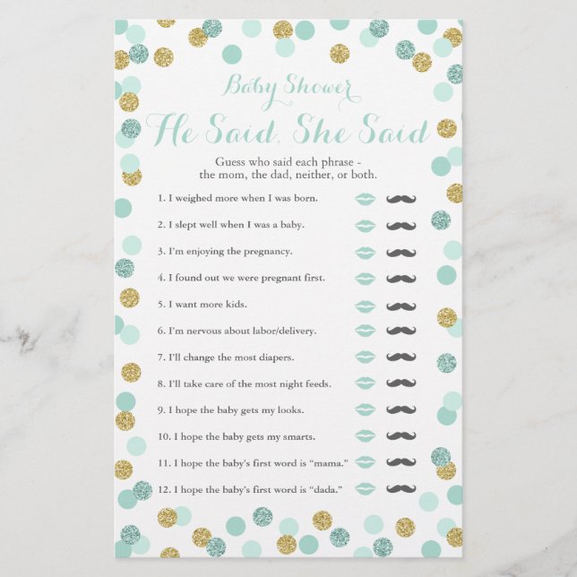 Lámina Mint and Gold Baby Shower Dijo que dijo que era ju (Anverso)