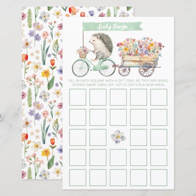 Lámina Mint Hedgehog Baby Shower Bingo Game Card (Anverso / Reverso)