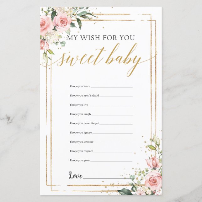 Lámina Mis deseos para el juego de bebé oro rosa floral (Anverso)