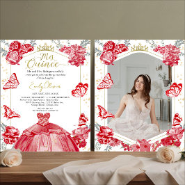 Lámina Mis Quince Foto Presupuesto Invitación Floral Roja