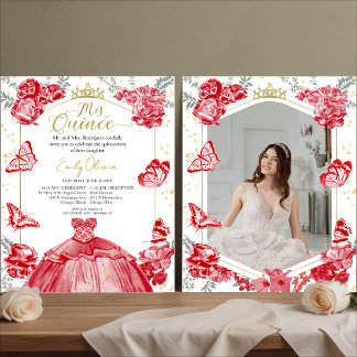 Lámina Mis Quince Foto Presupuesto Invitación Floral Roja