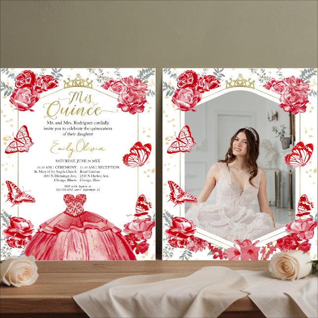 Lámina Mis Quince Foto Presupuesto Invitación Floral Roja (Subido por el creador)