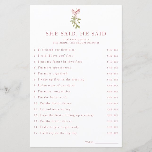 Lámina Mistletoe Pink Bow Bridal Shower Dijo Que (Anverso)