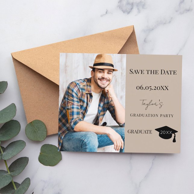 Lámina Mocha beige Graduation Party Save the Date card (Subido por el creador)