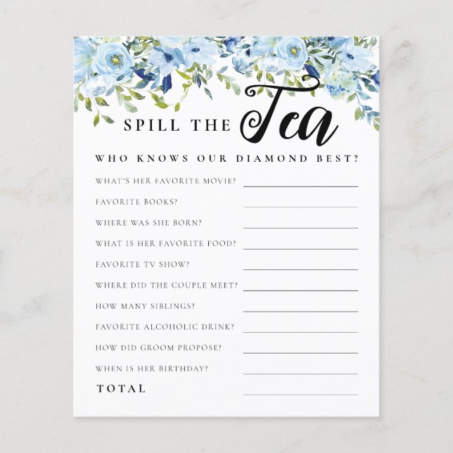 Lámina Moda Blue Floral Spill the Tea Bridal Shower Game (Anverso)
