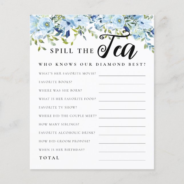 Lámina Moda Blue Floral Spill the Tea Bridal Shower Game (Anverso)