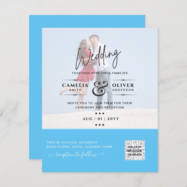 Lámina Moda Blue Photo Wedding Invitar código QR Guardar  (Anverso / Reverso)