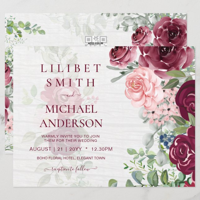 Lámina Moda Borgoña Rubor Boda de vegetación floral rosa (Anverso / Reverso)