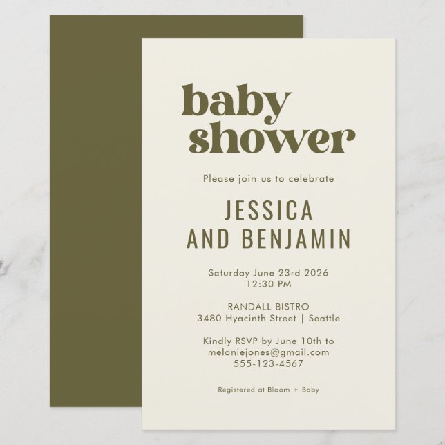 Lámina Moda de Boho Presupuestario Olive Green Baby Showe (Anverso / Reverso)