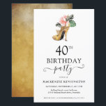 Lámina Moda de presupuesto Oro Floral Alta tacones 40 cum<br><div class="desc">Moderno y elegante Gold Tropical Gold High Heels 40th Birthday Party Invitation con nuestro glamoroso y brillante talón dorado de color agua rodeado de flores tropicales rosas y verdes. El fondo es un lujoso lavabo de color acuático dorado. Fácil de personalizar con su información para una simple y elegante invitación...</div>