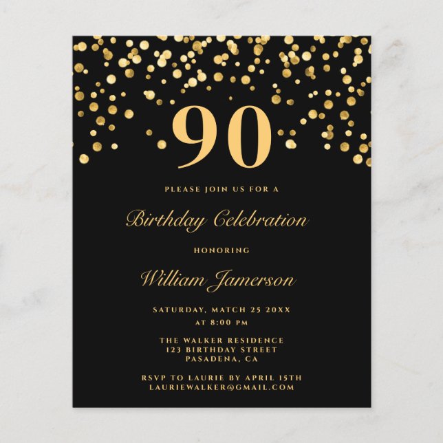 Lámina Moda de presupuesto Oro Negro Invitación de cumple (Anverso)