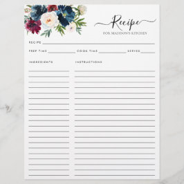 Lámina Moda Floral Marina Azul Borgoña Receta de Cocina R