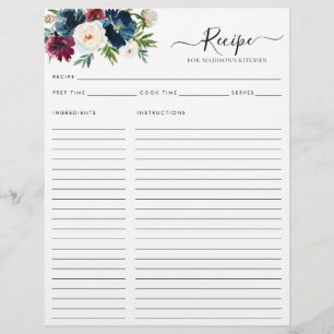 Lámina Moda Floral Marina Azul Borgoña Receta de Cocina R