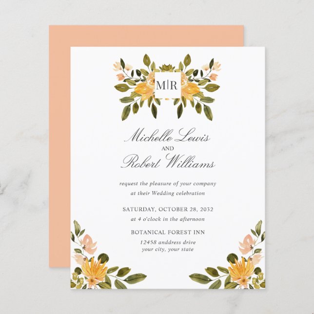 Lámina Moda Monograma Boda floral verde amarillo (Anverso / Reverso)