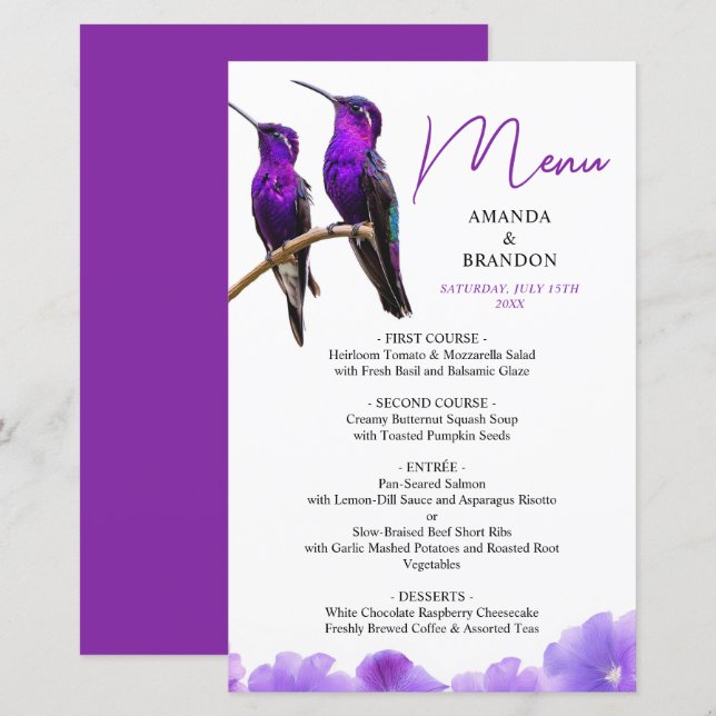 Lámina Moda Morado Hummingbirds y Petales Boda (Anverso / Reverso)