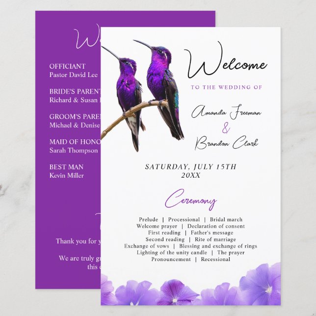 Lámina Moda Morado Hummingbirds y Petales Boda (Anverso / Reverso)