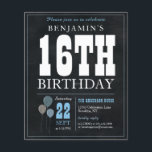 Lámina Moda presupuestaria Chalkboard Balón azul 16 cumpl<br><div class="desc">Invitación a la fiesta de cumpleaños 16º del globo azul blanco de Chalkboard rústico vintage</div>