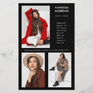 Lámina Modelo Actor Comp Card 3 Foto Volante Negro