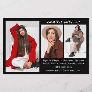 Lámina Modelo Actor Comp Card 3 Foto Volante Negro