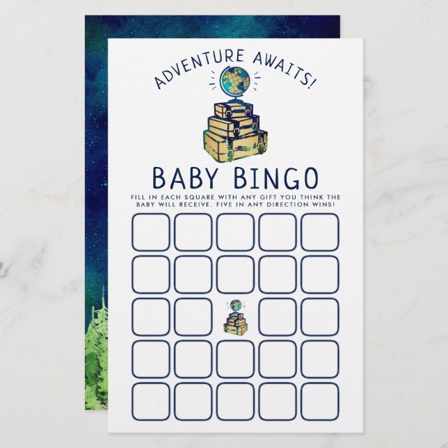 Lámina Modern Adventure Travel Globe Baby Shower Bingo (Anverso / Reverso)