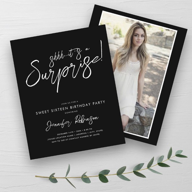 Lámina Modern Black White Surprise Sweet 16 (Modern Black White Surprise Sweet 16 Invites )